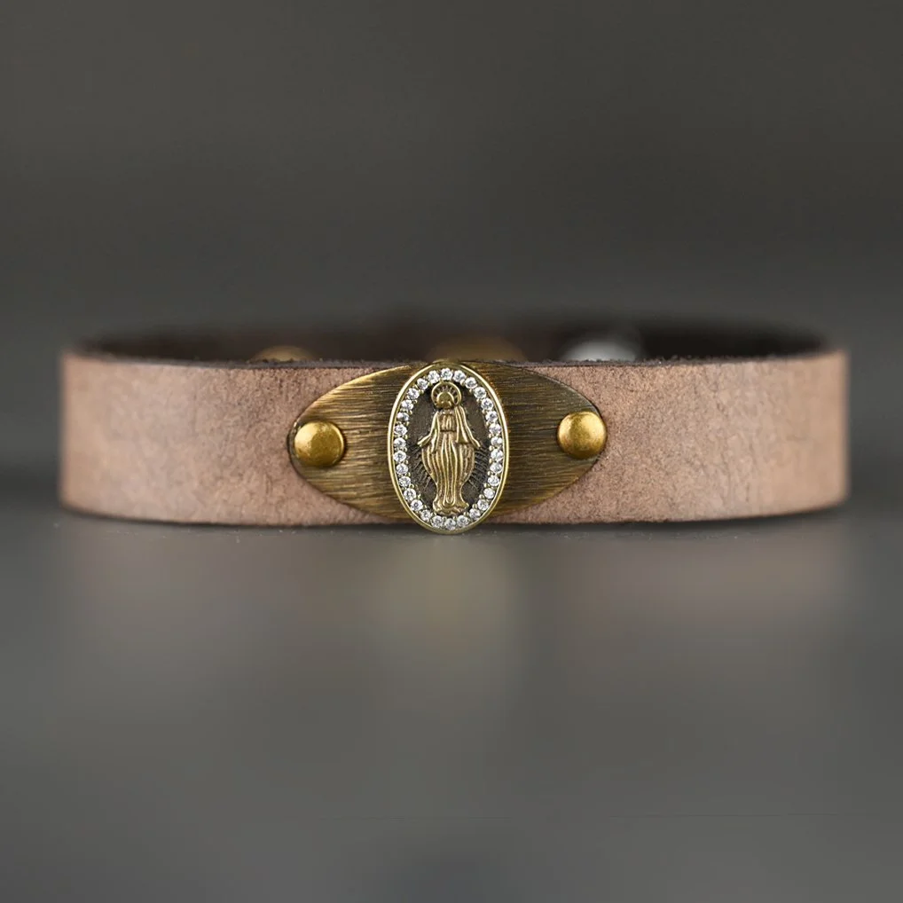 Virgin Mary Leather Stacker Cuff w/ Delicate Crystals — KBD Studio